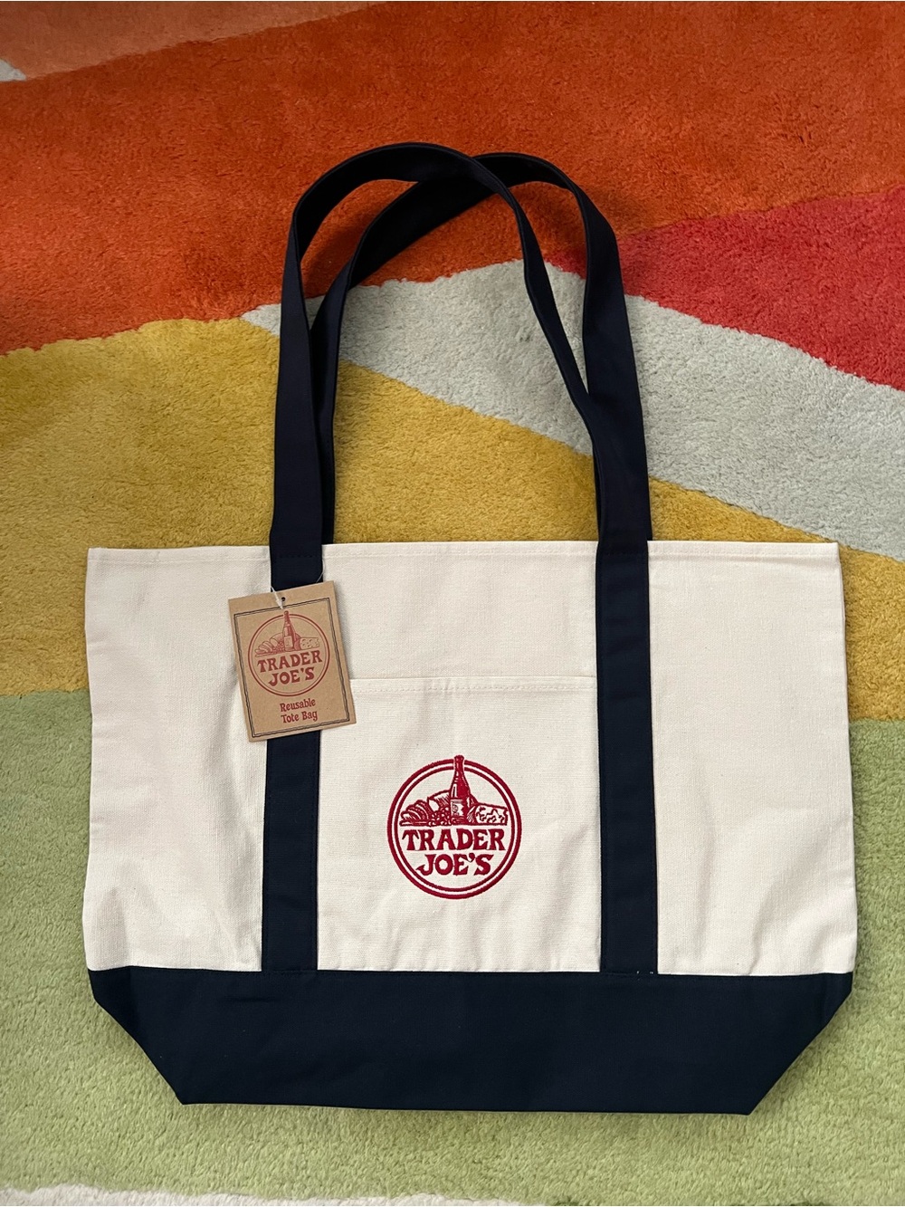 Trader Joe's Canvas Tote Bag in Cream and Blue